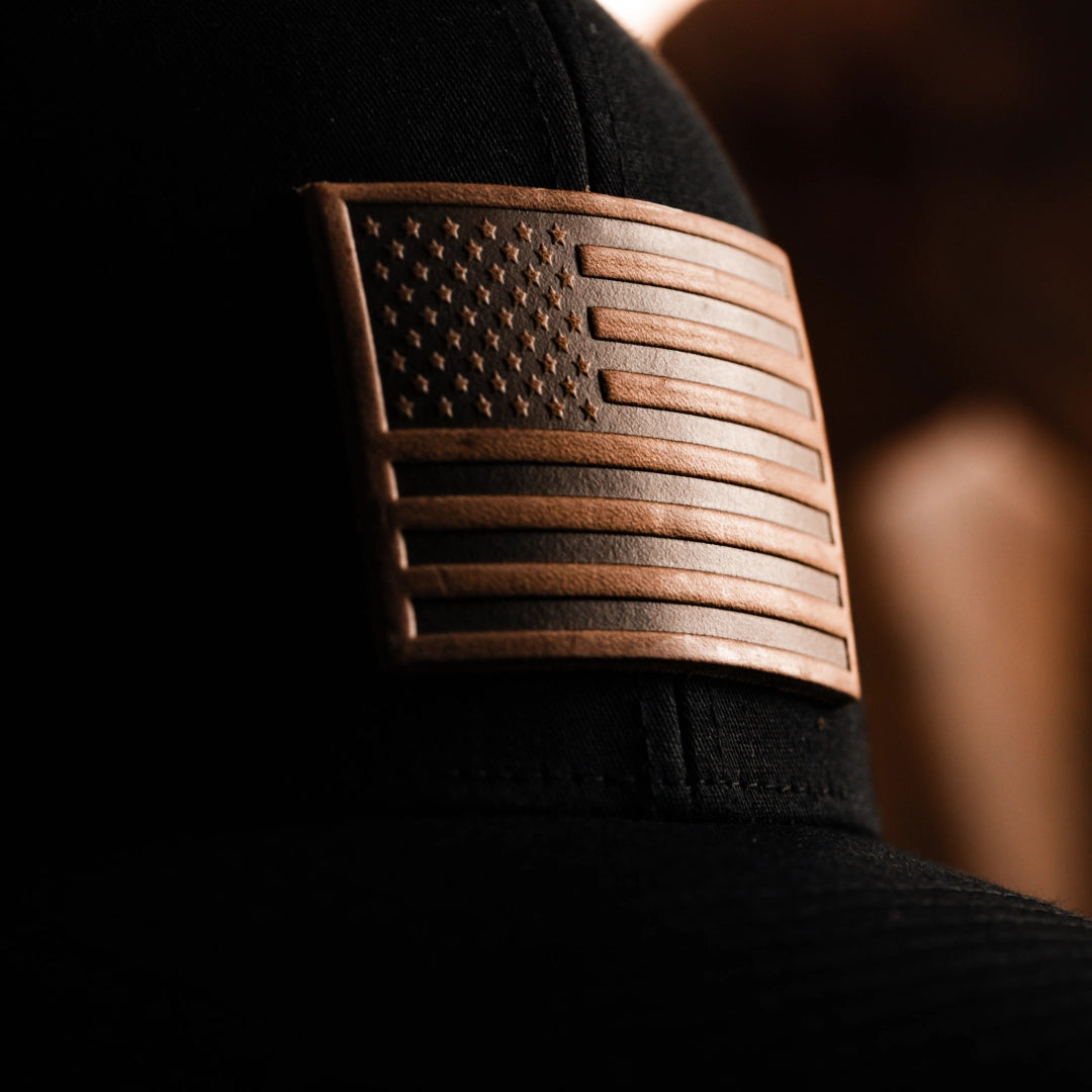 American Flag Hat | Leather Patch Trucker Hat